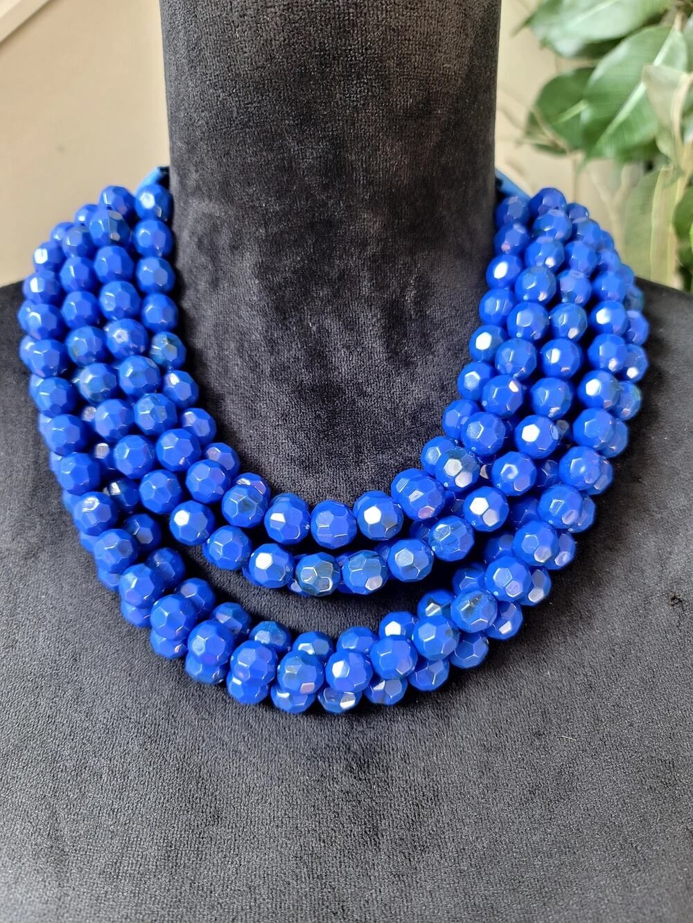 Royal Blue Faceted Beaded Multi Strand Statement Necklace Chunky Collar Jewelry